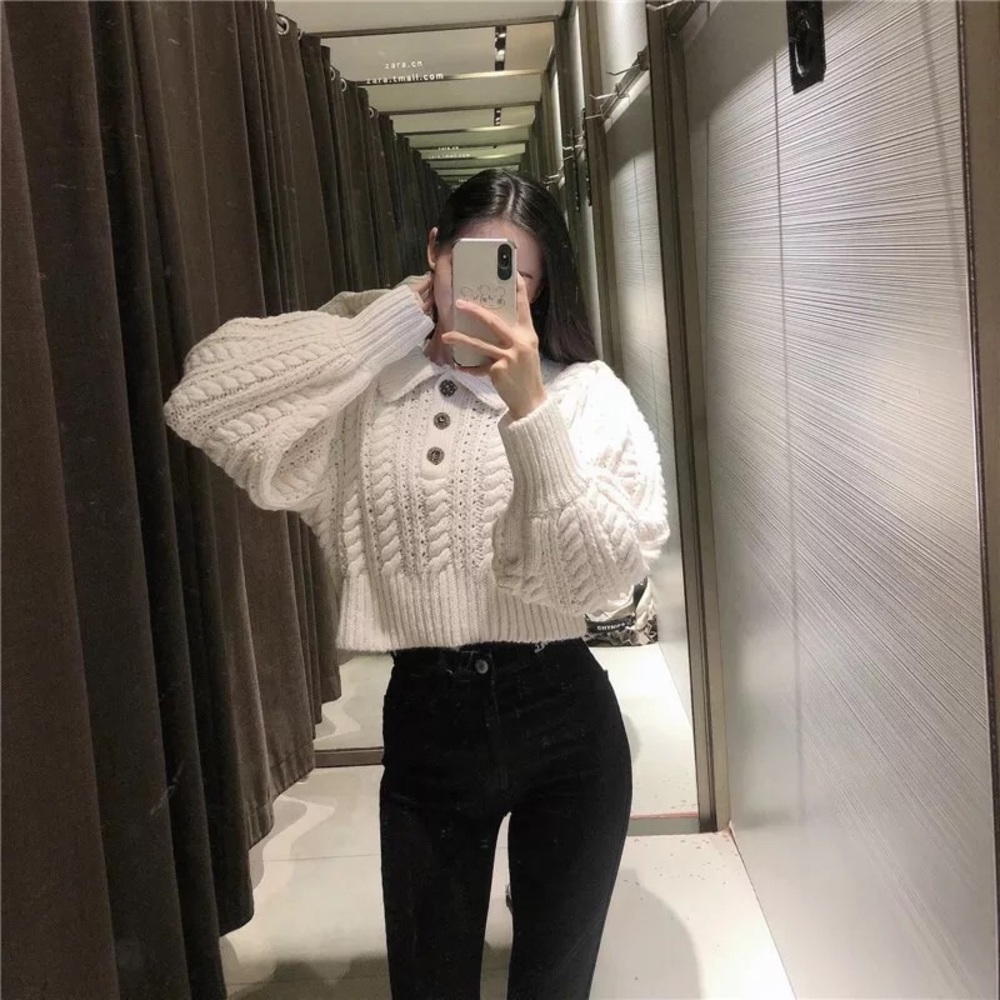 🦄HP♦︎ Sweater crop top cable knit white womens long sleeve button collar - Picture 5 of 7